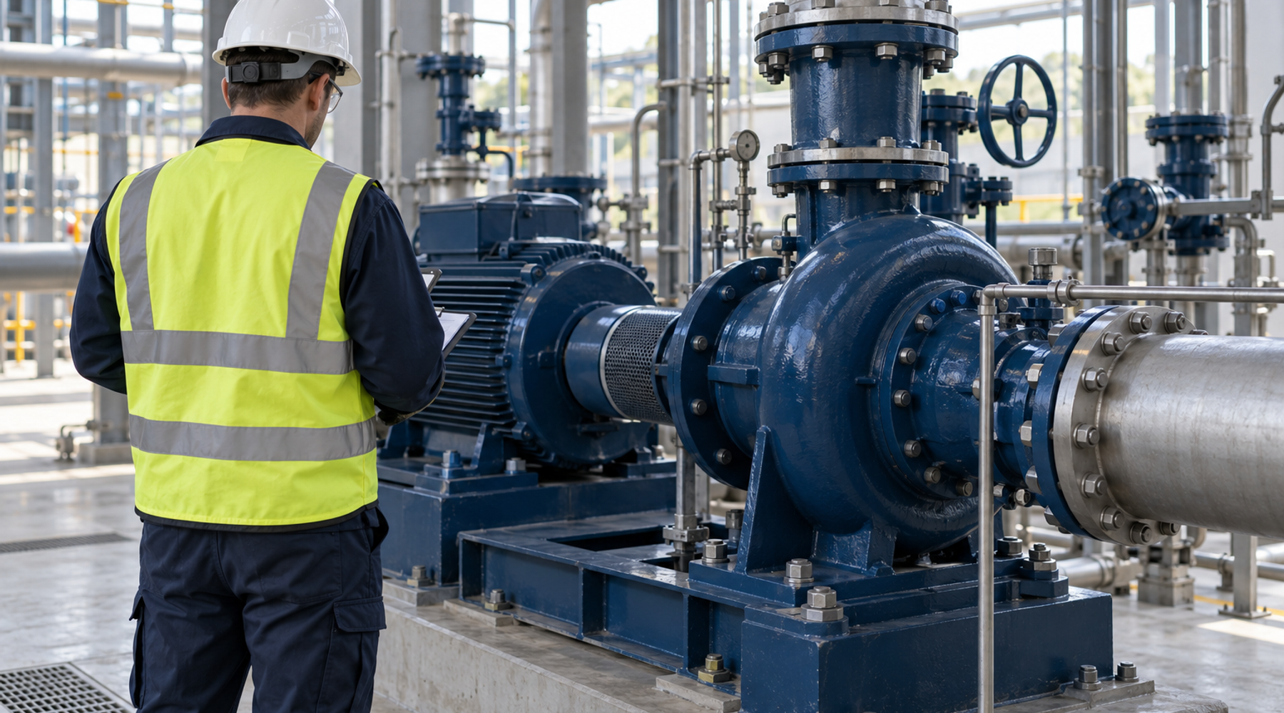 Technician beside an HC Series pump on the plant floor