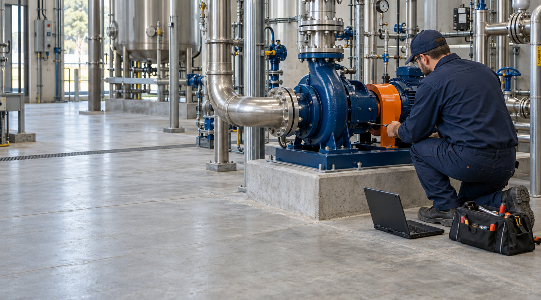 Service technician working on an installed pump