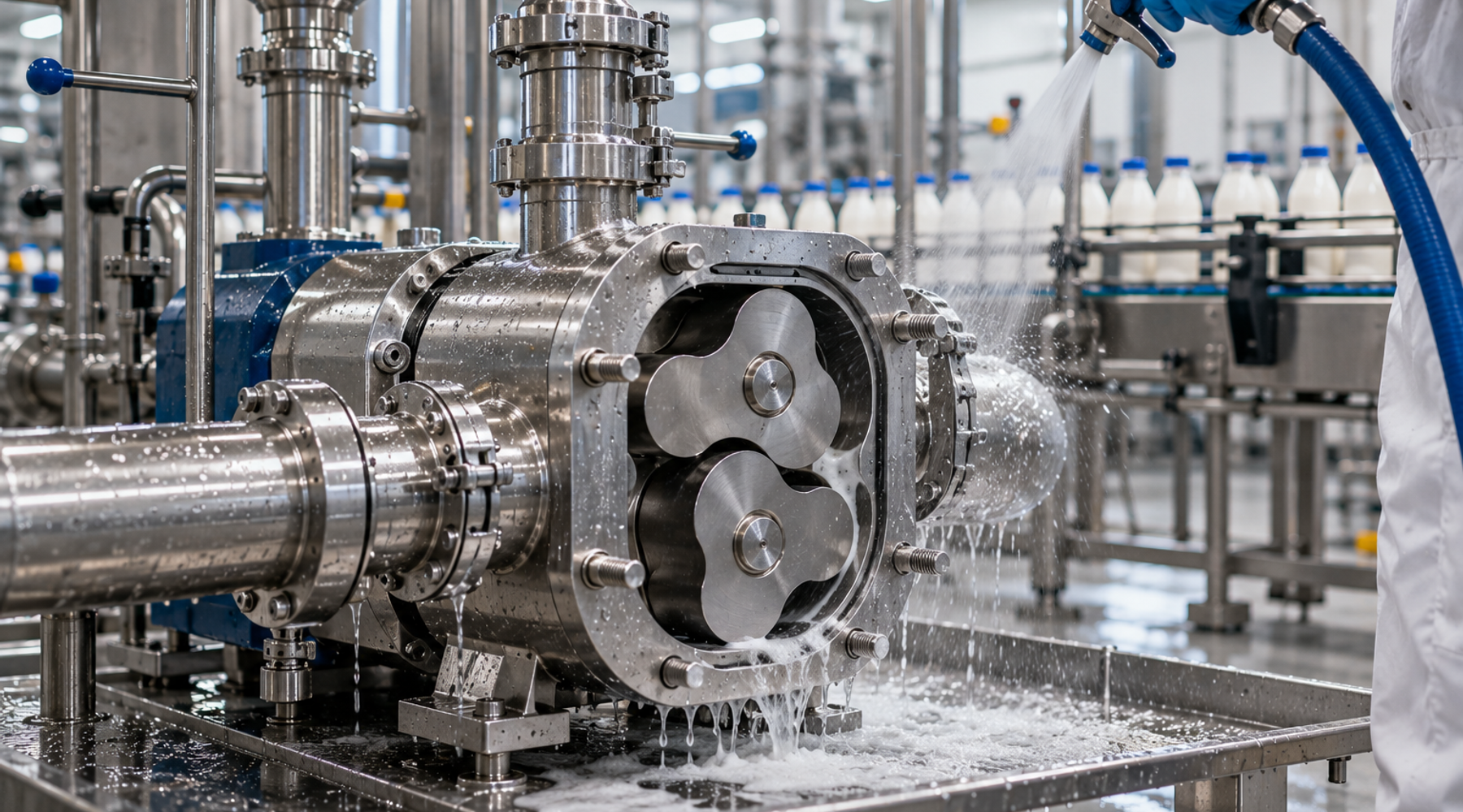 Rotary lobe pump on a dairy line